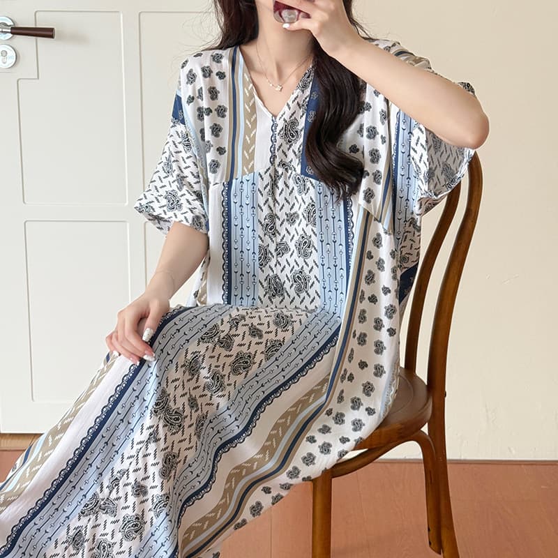 Cotton silk nightgown for women summer new large size loose dress net red wear spring and autumn new Chinese style pajamas home clothes