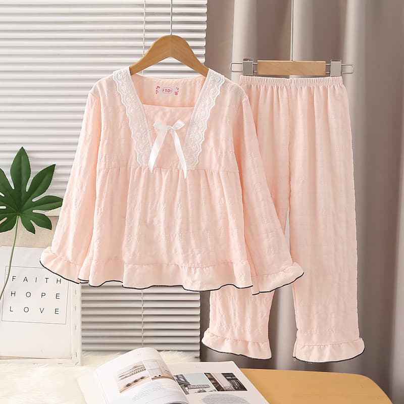 Girls' Pajamas Spring and Autumn Cloud Cotton Solid Color Sweet, Princess Style Cute Long Sleeve Long Pants Homewear Set
