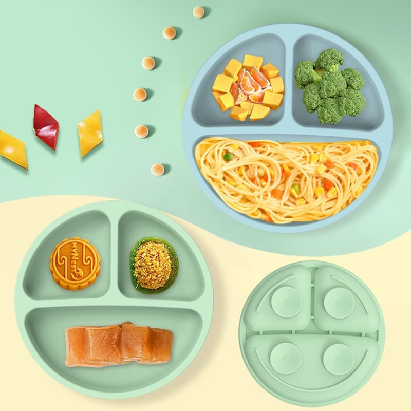 Baby Food Strong Suction Plate, Drop-Resistant and High-Temperature Resistant Children's Tableware, Divided Integrated Three-Compartment Silicone Plate