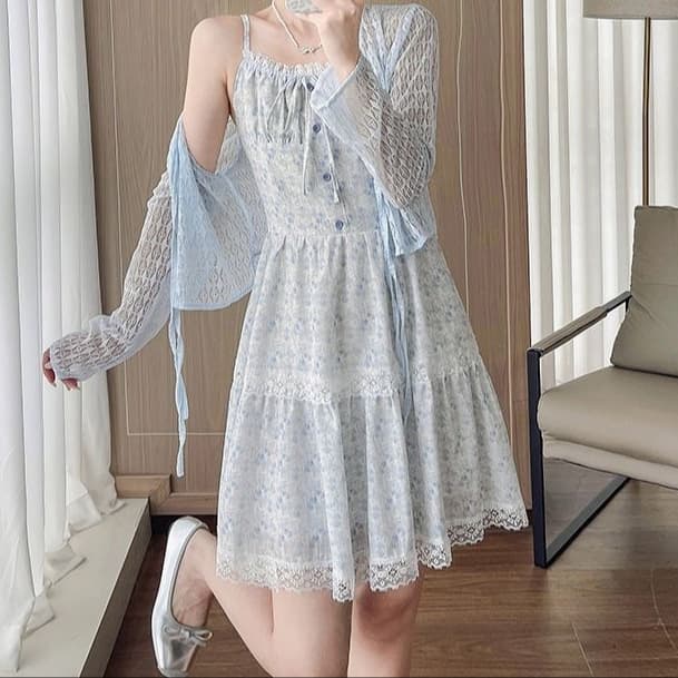 Small floral suspender dress + sun protection cardigan two-piece suit summer new sweet word skirt new product