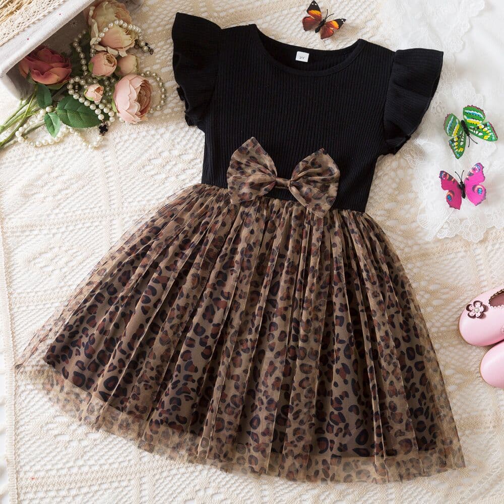 2025 Summer New Girls' Dress Korean Style Bow Leopard Print Mesh Princess Dress Children's Holiday Party Gown