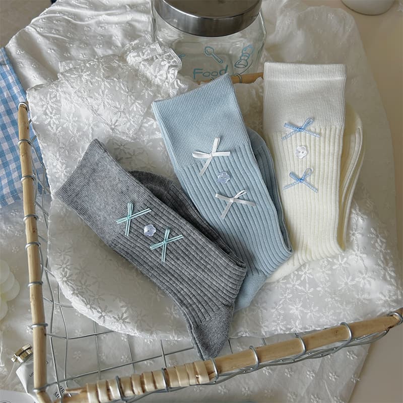 Ballet Style Women's Mid-Calf Socks Summer Thin Miu Series Bow Cotton Socks Japanese Girl Style Stacked Long Socks