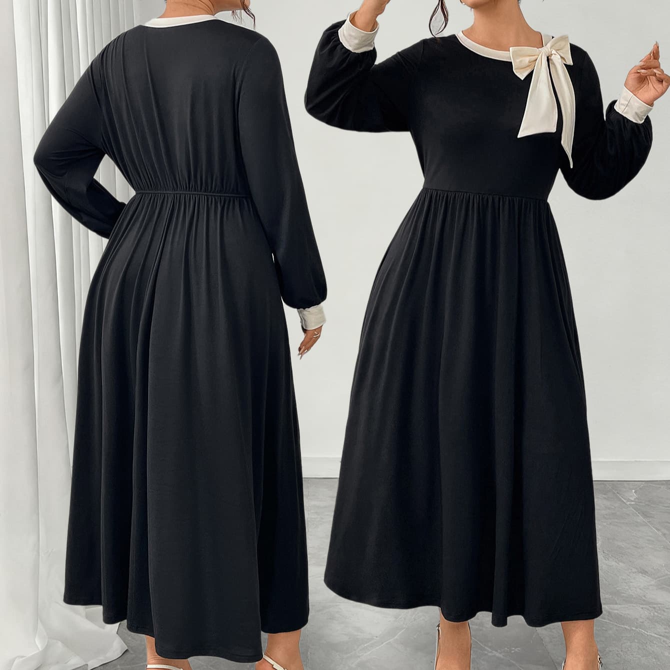 Foreign trade large size Hepburn style contrasting color three-dimensional bow dress women's autumn and winter retro slimming belly-covering black long skirt