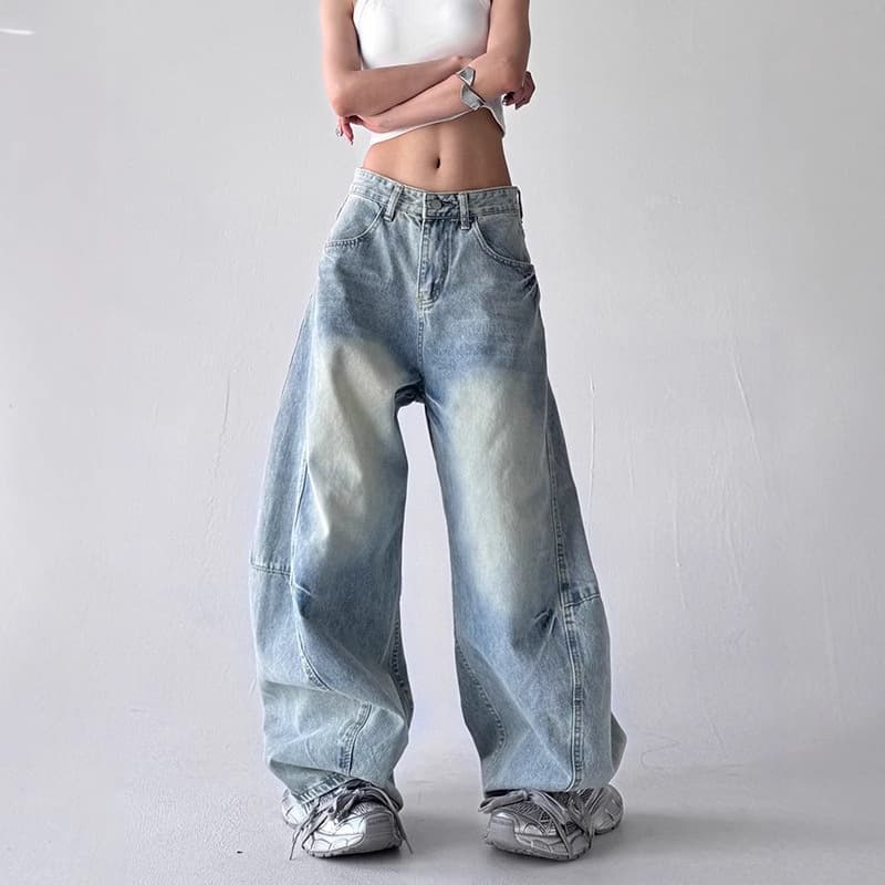 American Retro Hip-Hop Street Washed Light Blue Curved Blade Jeans for Women 2025 Spring/Autumn New Loose Wide-Leg Pants