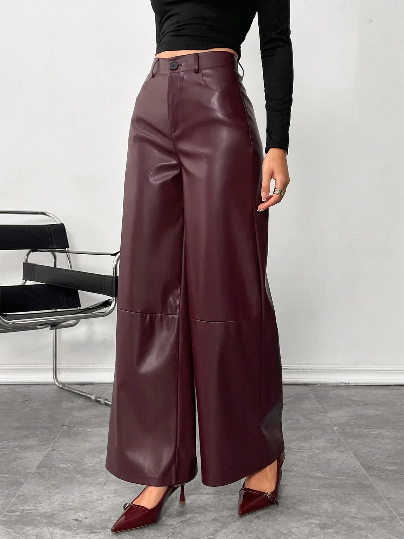 Commute Slim High-Waist Premium Wide-Leg Leather Pants Versatile American Style Slimming Loose Straight Casual Trousers