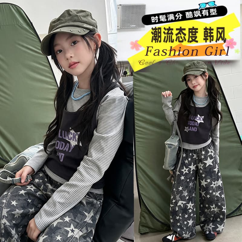 Korean children's clothing 2026 autumn new girls' bottoming shirt Korean version fake two-piece round neck T overalls suit