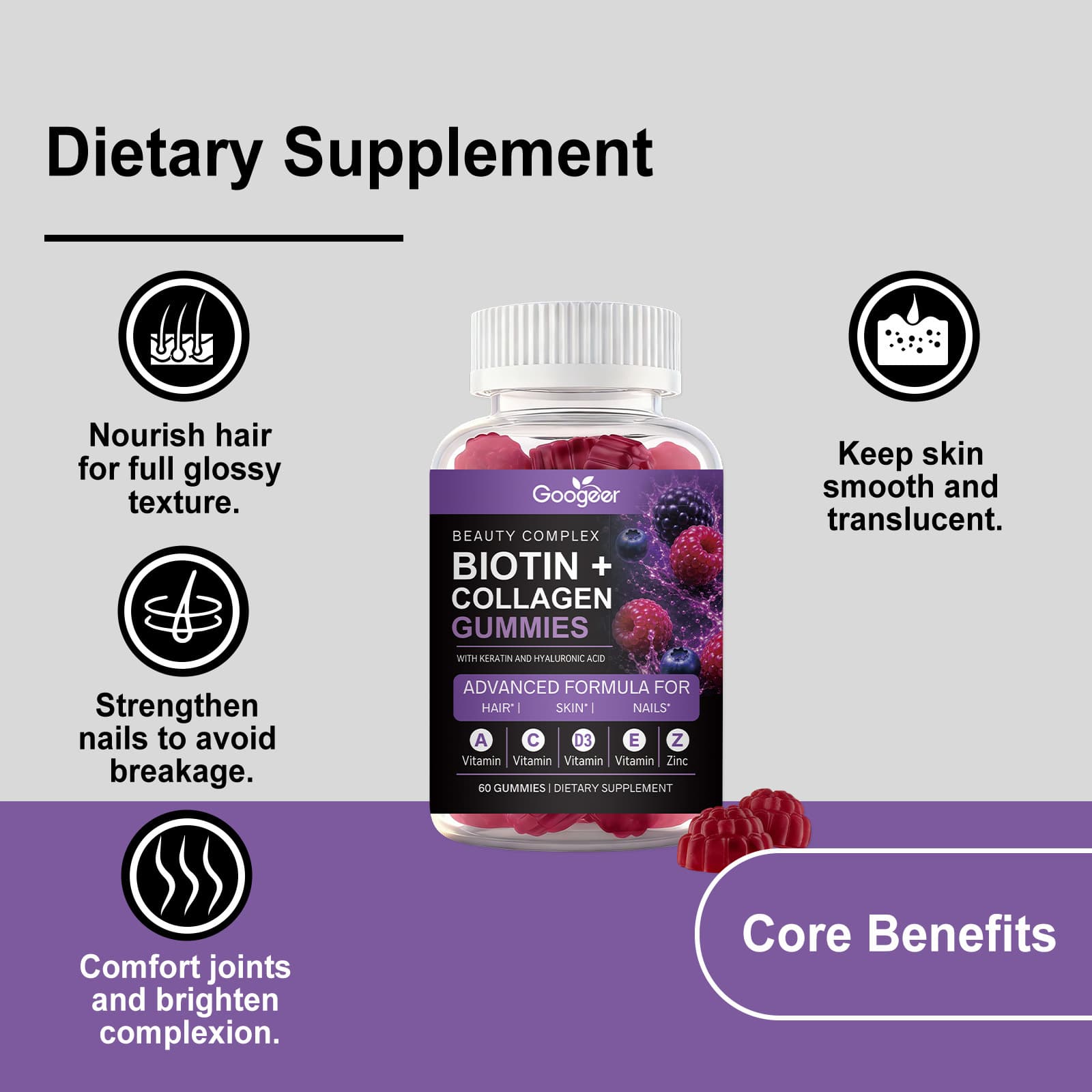GOOGEER Collagen Peptide Vitamin Gummies Daily Care for Hair Nails Body Nutritional Dietary Supplement Gummies