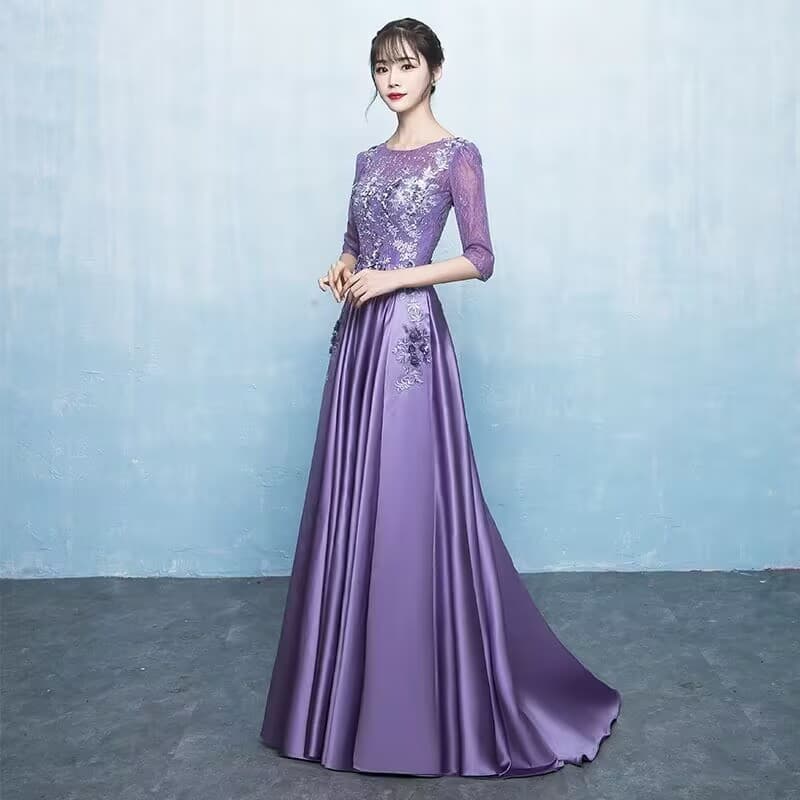 Women's Host Evening Gown - Elegant Chorus Performance Dress, Long Purple Banquet Attire, Noble and Commanding Style
