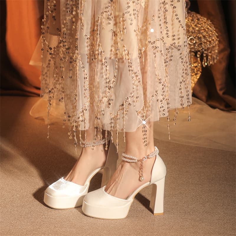 8063-Z32 French-style Chunky Heel Platform High Heels New Wedding Shoes Bride Banquet Toasting Shoes