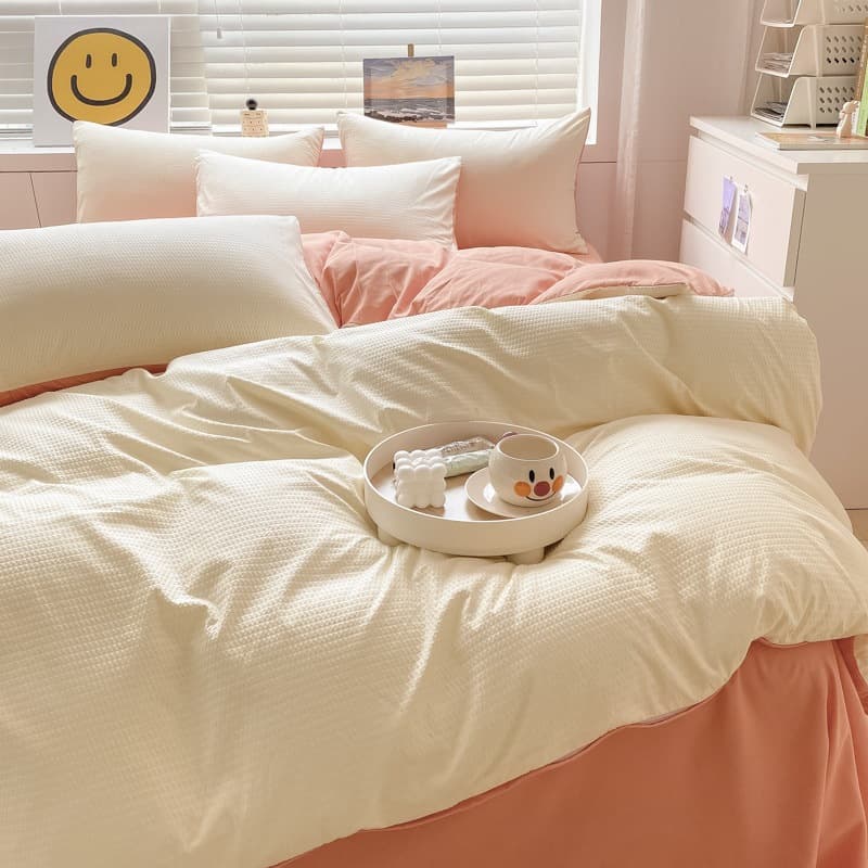 Solid Color Waffle Four-Piece Set Washed Cotton Bed Sheet Duvet Cover Single Student Dormitory Three-Piece Set Nantong Bedding