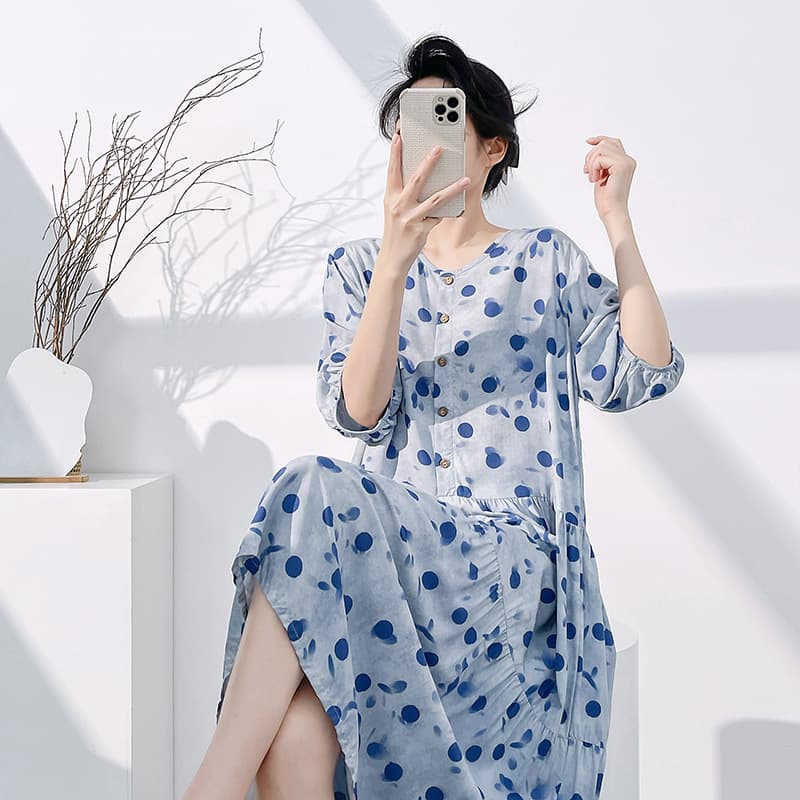2026 New Chinese Style Women's Nightgown Summer Elegant Cotton Silk Sleepwear Ladies Beach Vacation Long Dress Suitable for Outdoor Wear