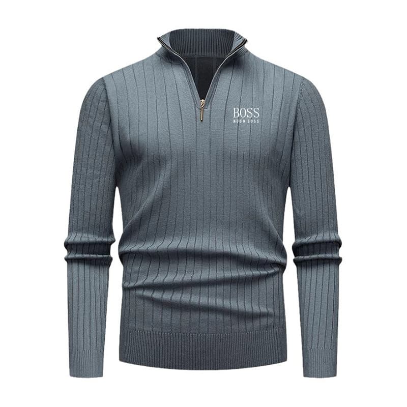 Cross-border autumn and winter men's knitted shirt half-zipper stand-up collar European and American embroidery fashionable vertical stripe sweater jacket for men.