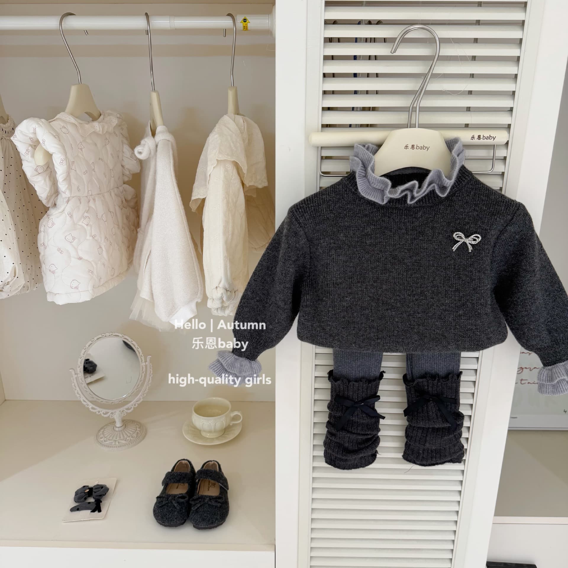 [Le'en Children's Clothing] Original Design Autumn/Winter Girls Bow Turtleneck Sweater Fleece-Lined Knit Leggings Set