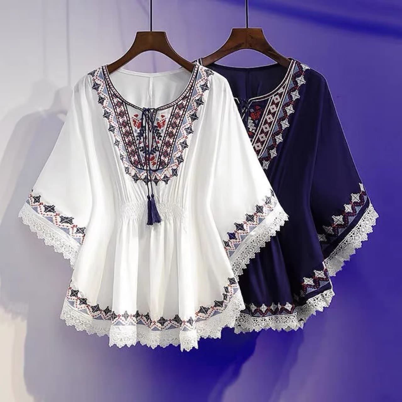 Summer Ethnic Style Retro Embroidered Batwing Shirt, Casual Summer Top Half Sleeve Fringe Slimming Style Women's Clothing Wholesale