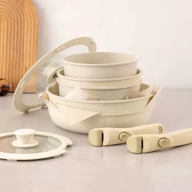 Die-cast portable outdoor cookware set with detachable handles, non-stick pan, baby food frying pan, frying pan, soup pot, milk pot set