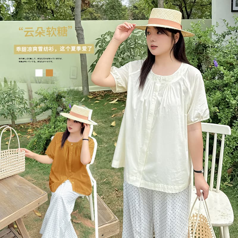Yinuo plus-size women's chic simple round neck short sleeve chiffon top, 2025 summer new sweet cardigan 212226.
