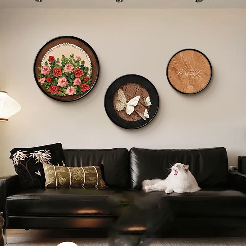 Mid-Century Modern Living Room Sofa Background Wall Decor, High-End Rose Hanging Art, French Retro Dining Room Round Mural
