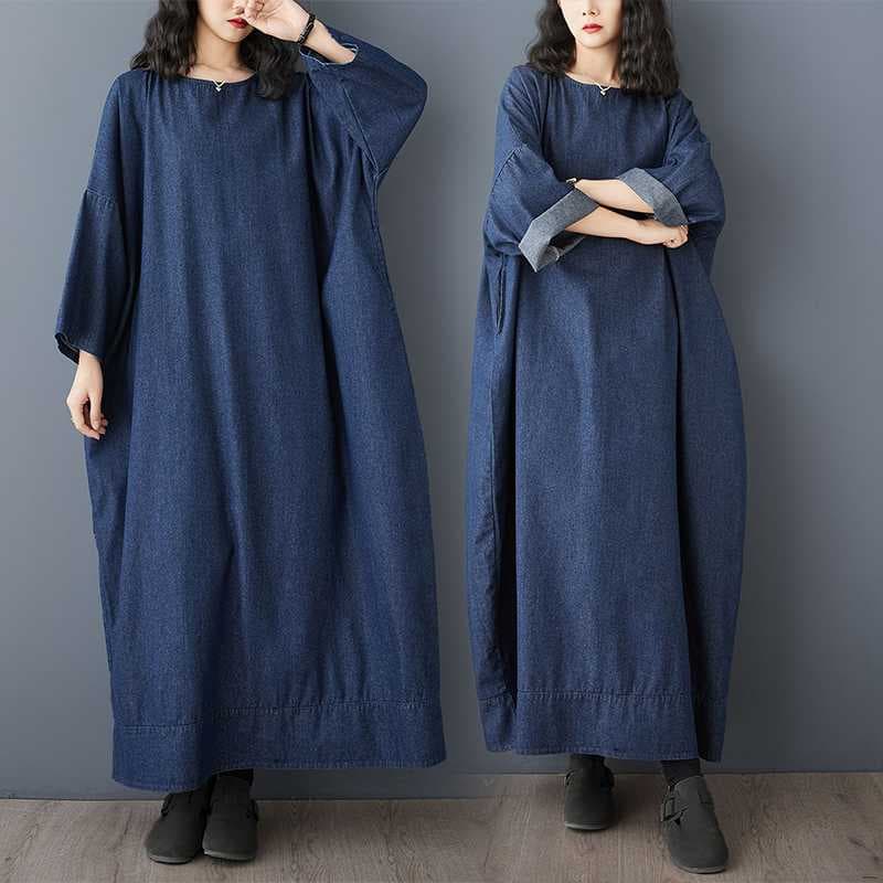 Retro long-sleeved denim dress early spring new artistic large size loose women's casual slimming skirt