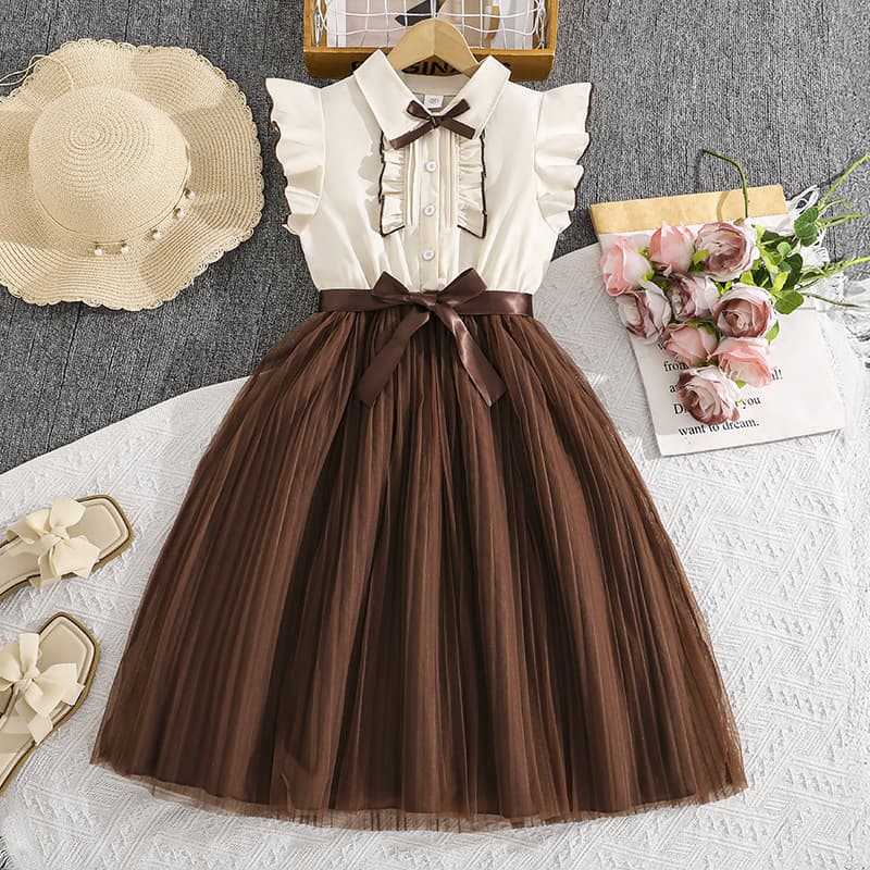 Children's clothing spring and summer short-sleeved waist stitching mesh dress with woven belt 2026 spring and summer girls princess dress