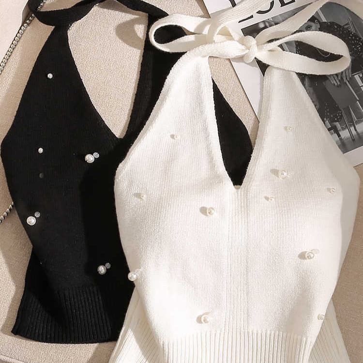 Sexy Slim Fit Beaded Halterneck Camisole for Women, Backless Lace-up Design Sleeveless Pure Sexy Base Layer Top