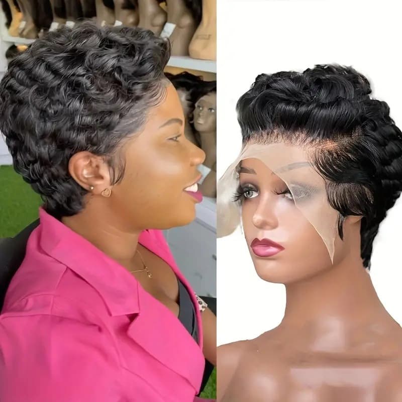 European and American Fashion Wigs, Short Curly Super Short Curly Hair Headgear, African Hot-Selling Front Lace Curly Hair Headgear with Air Bangs