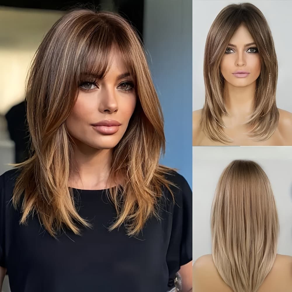 Cross-border foreign trade women's wigs, new European and American style, with eight-character bangs, layered highlights, gradient long straight hair, high-temperature silk full head cover.