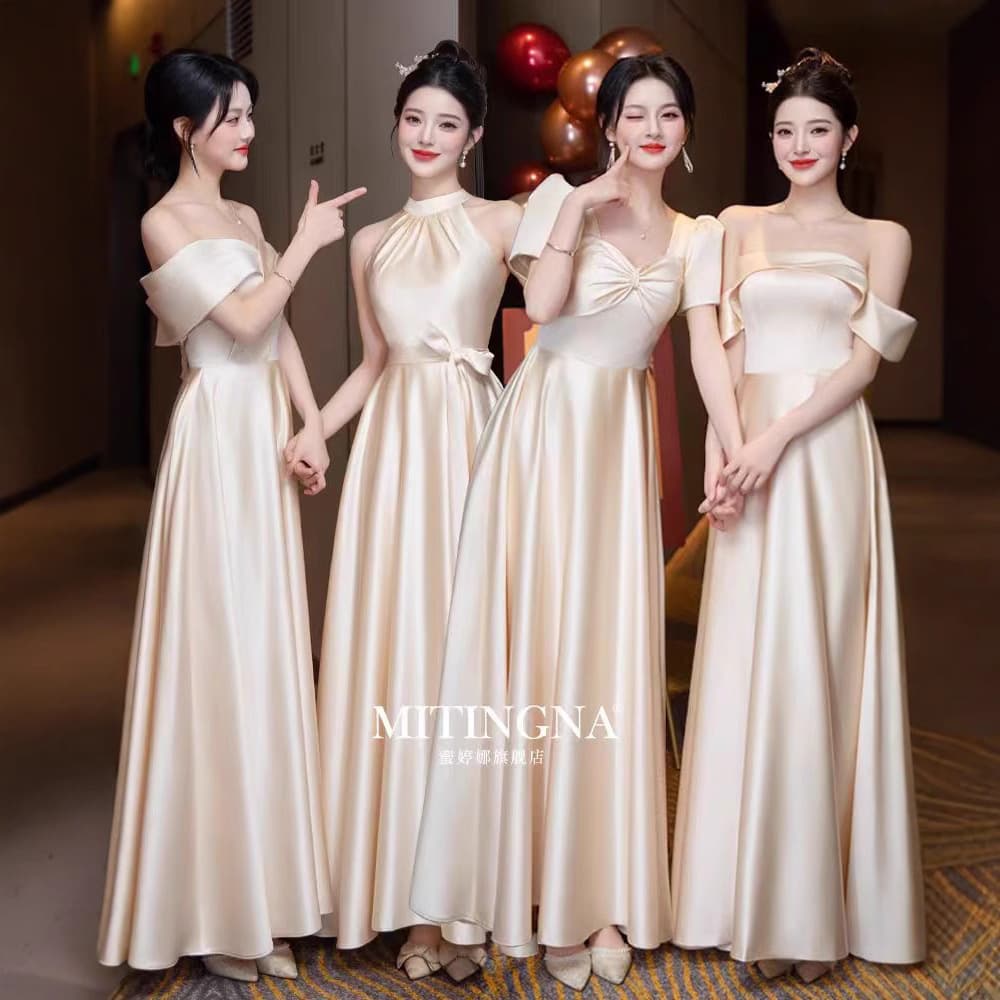 Satin Bridesmaid Dress 2025 New Sister Group Champagne Color High-End Unique Engagement Gown, Wearable Daily for Summer