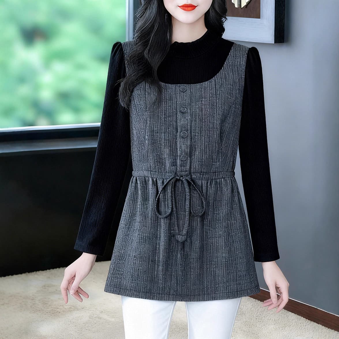 2025 European High-End Fashionable Fake Two-Piece Set, Semi-High Neck Blouse and Coat, Slimming Plus-Size Clothing for Mothers