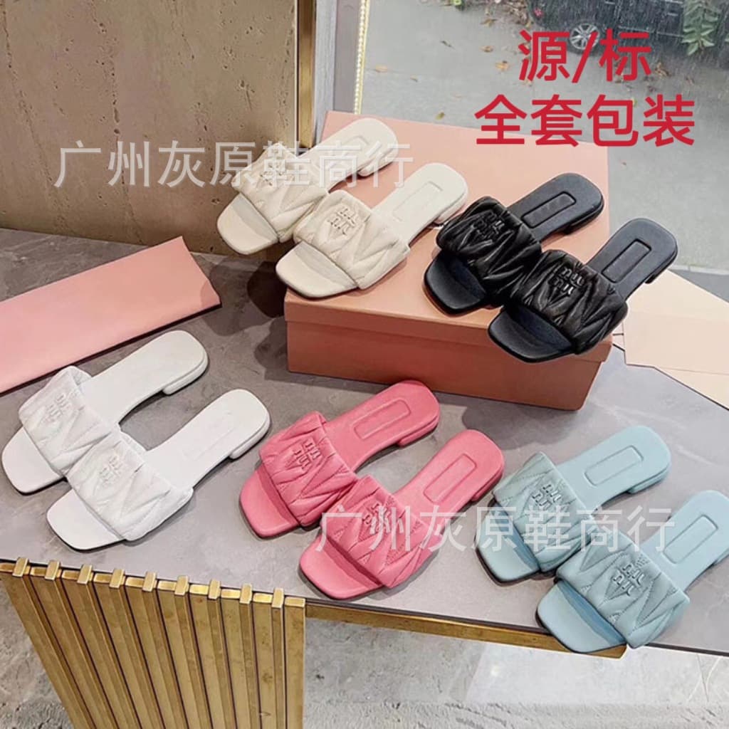 MIU Women's Summer Outdoor Slippers, Pleated Flat Sole, Non-Slip, Square-Toe Sandals for Vacation, Sanya Style, Export Quality