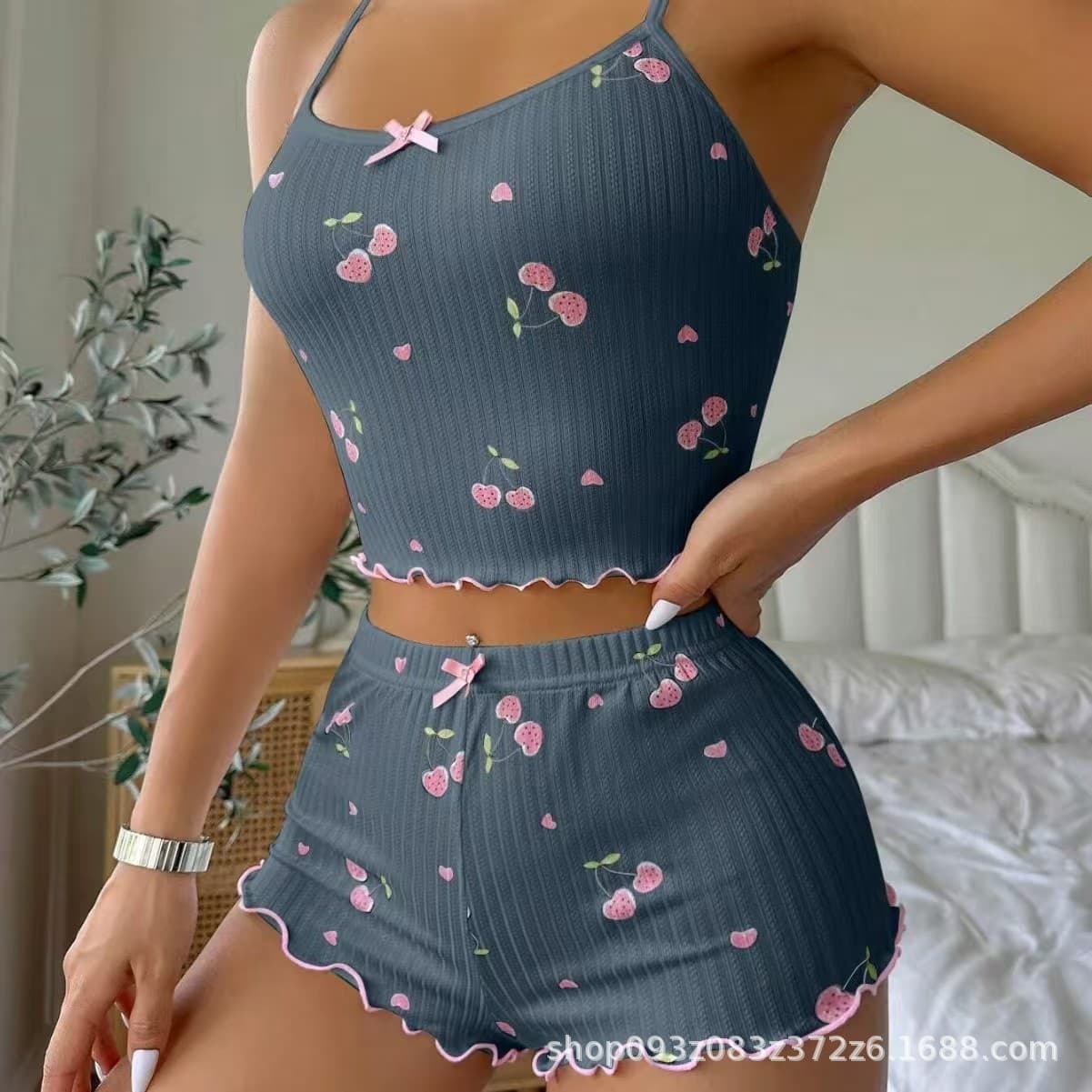 New Printed Set Women's Cute Cherry Print Solid Homewear Bowknot Comfortable Camisole Pajamas
