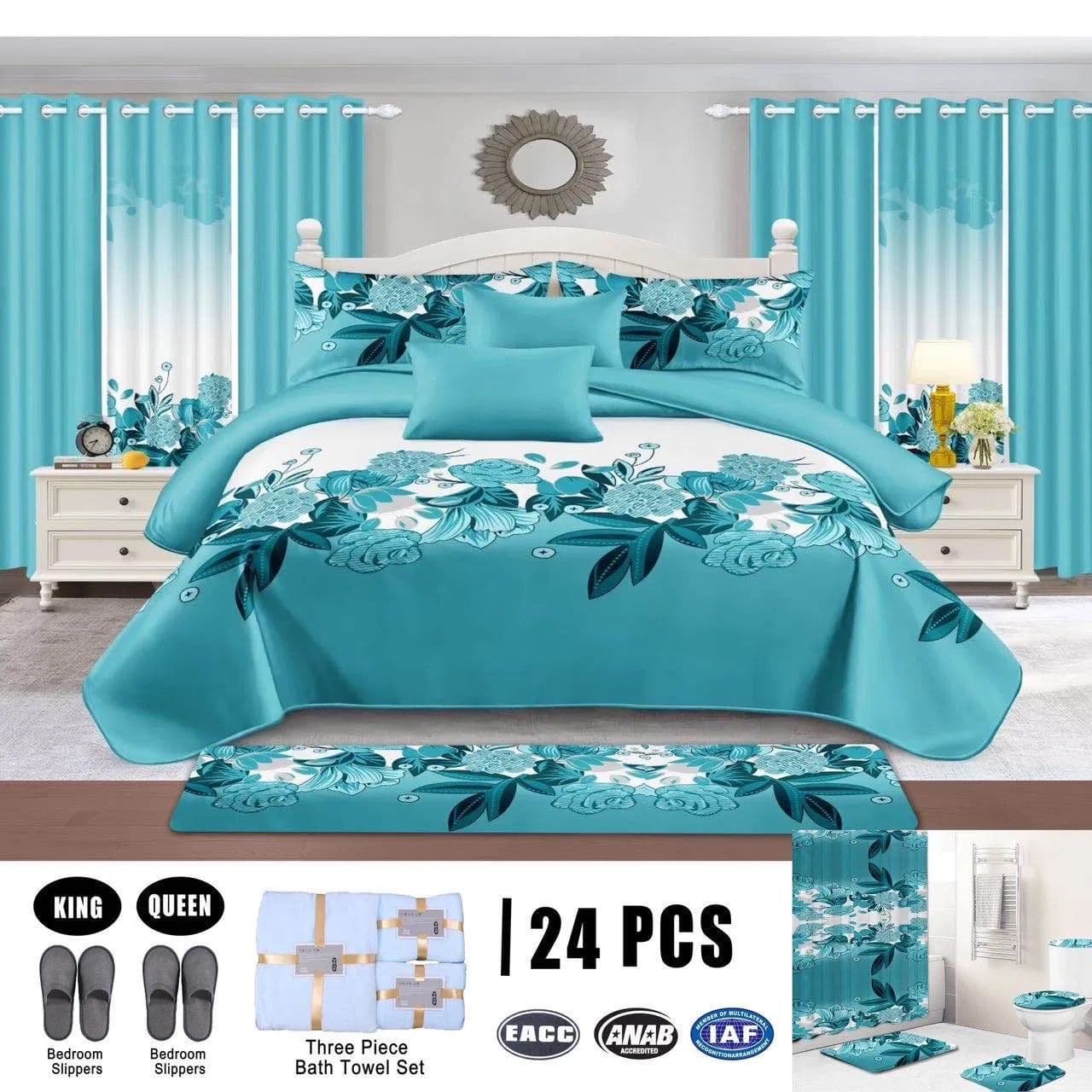Blue plant floral and leaf printed quilt sheets and pillowcases 12-piece home textile quilted bedding set with curtains