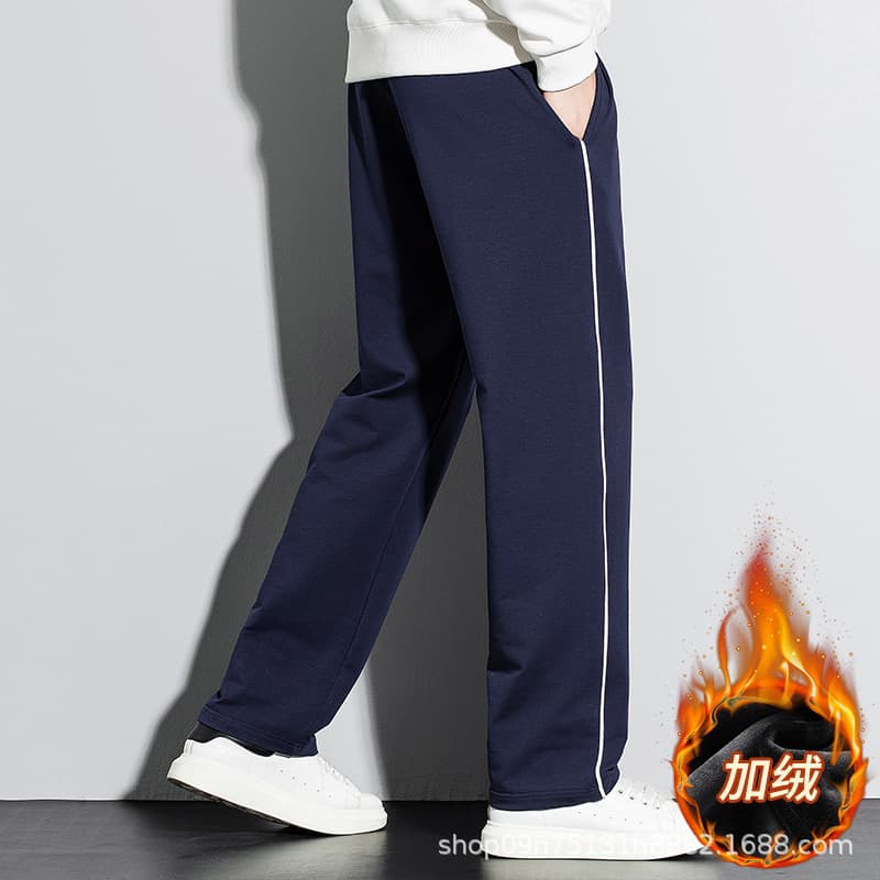 Fleece-lined thickened navy blue school pants with one/two stripes, cotton material for autumn/winter, unisex for elementary to high school