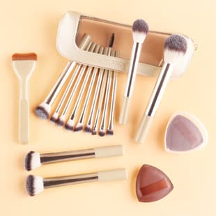 Cross-Border Bestseller 14-Piece Makeup Brush Set + 2 Powder Puffs + Storage Bag: Seamless Concealer Wide U-Shape Foundation Brush