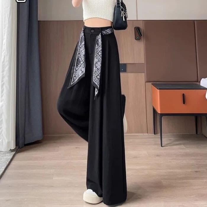 Ice Silk Linen Wide-Leg Pants for Women Summer Premium Scarf Sash Suit Pants High-Waist Draped Cotton Linen Yamamoto Pants