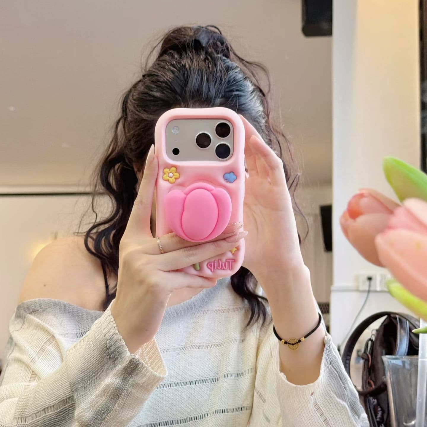 Spring and Summer 3D Pink Tulip Stand Case for iPhone 17, Apple 16, 14/15 Pro Max, 13