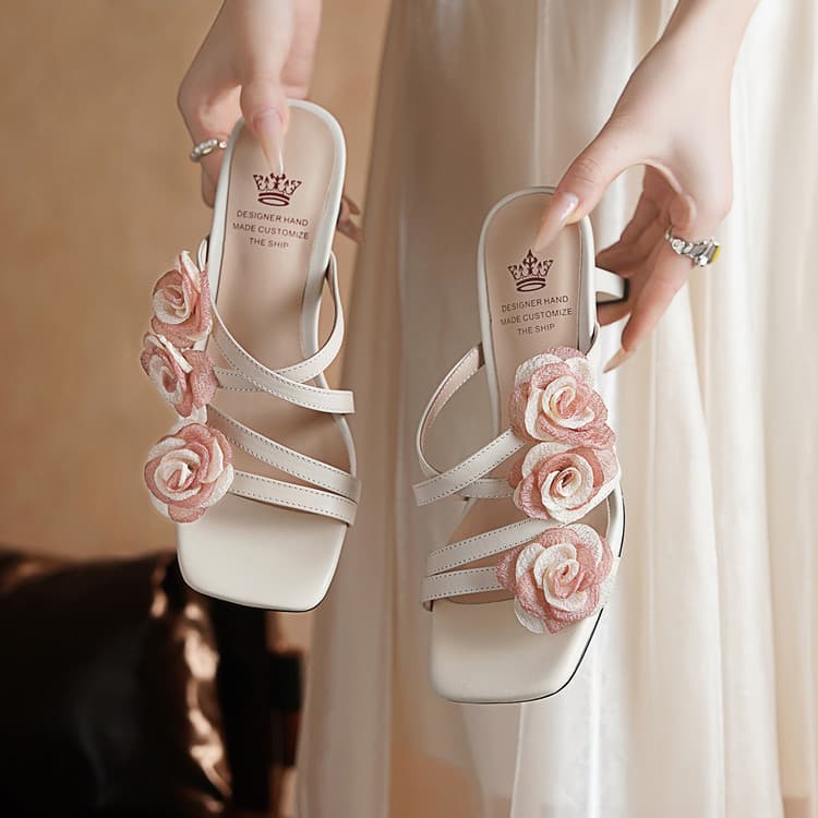 Fairy-Style Floral High-Heeled Sandals for Women, 2026 Summer New Square-Toe Open-Toe Chunky Heel Slip-Ons
