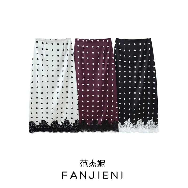 ZR foreign trade wholesale European and American style women's clothing retro style versatile slim fit lace splicing polka dot satin skirt