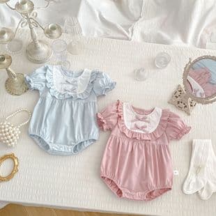 2026 New Baby Summer Clothes Bow Puff Short Sleeve Bodysuit Sweet Baby Girl First Birthday Romper Crawling Suit