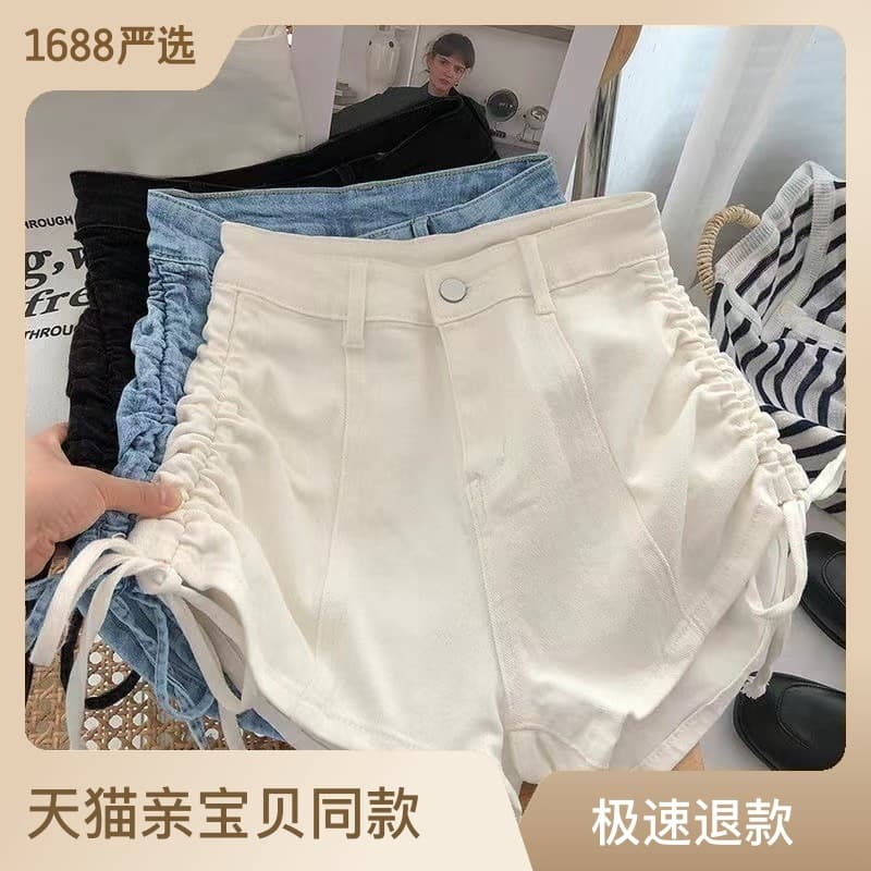 Girls' Summer New Two-Side Drawstring Shorts Korean Style Elastic High Waist Solid Color Stretch Children's Denim Hot Pants