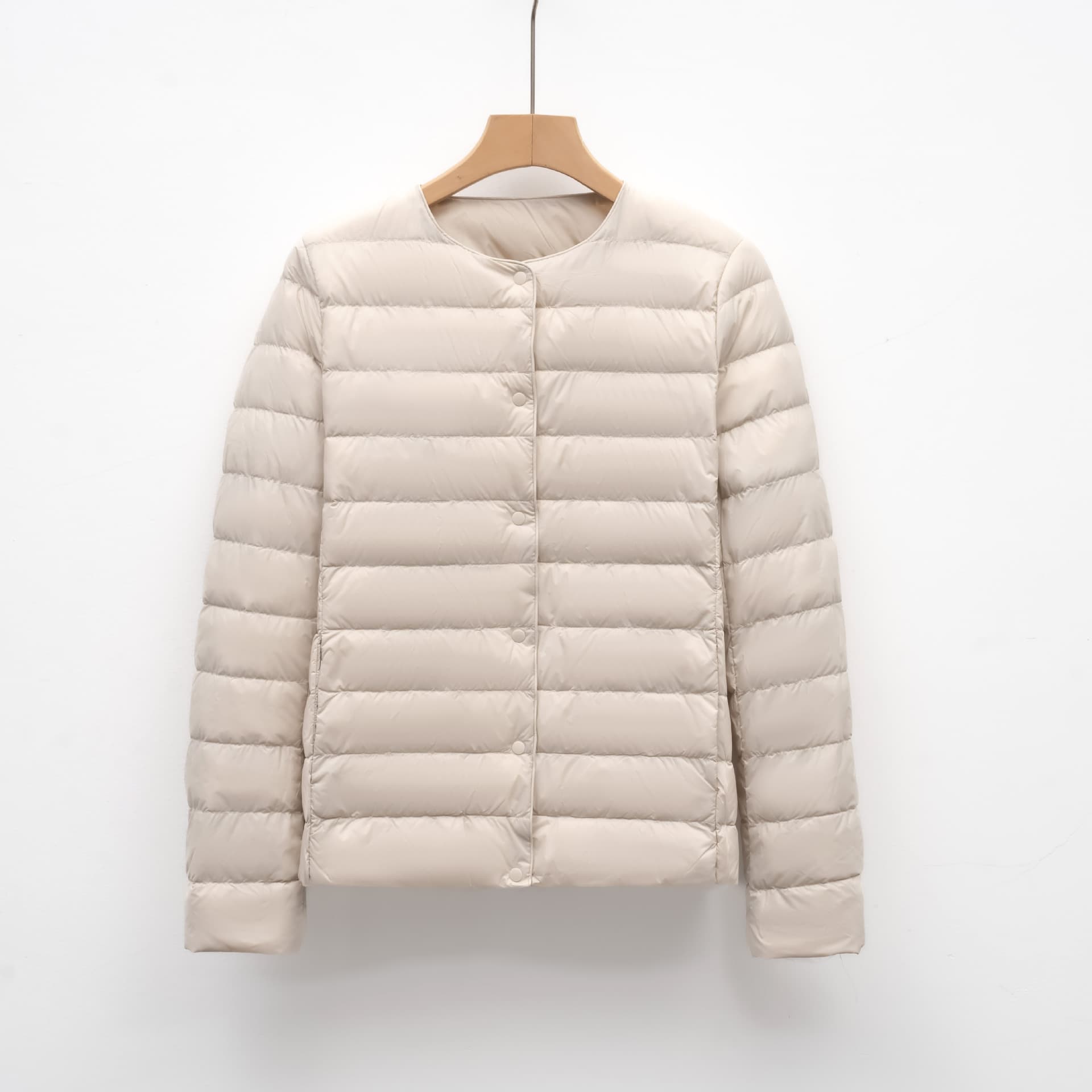 Pinghu Lightweight Women's Short Round Neck Autumn/Winter New Simple Round Neck Warm Outerwear Solid Color Long Sleeve Puffer Coat Inner Layer