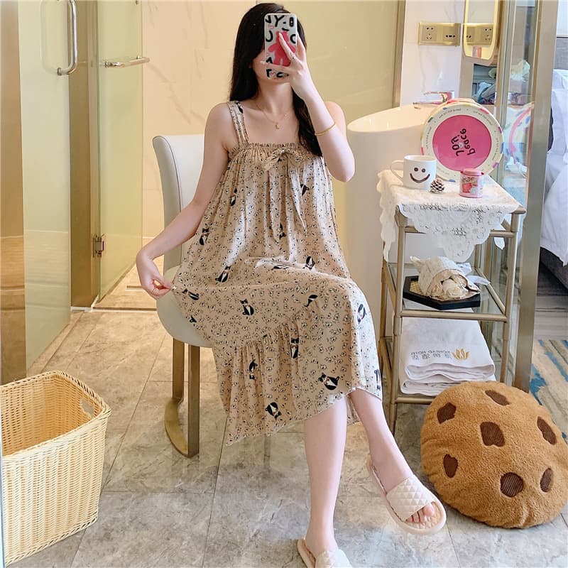 Summer Cotton Silk Sleepwear Women's Thin Printed Home Dress Cute Cartoon U-Neck Sleeveless Comfortable Breathable