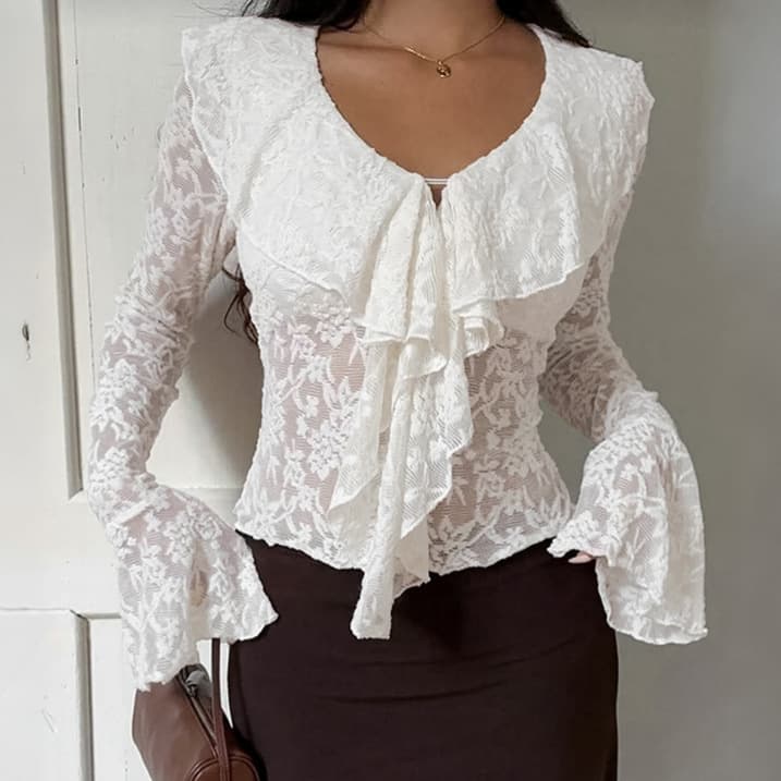 French ruffled lace lace hollow trumpet sleeve shirt women's summer white commuting temperament slim slim top