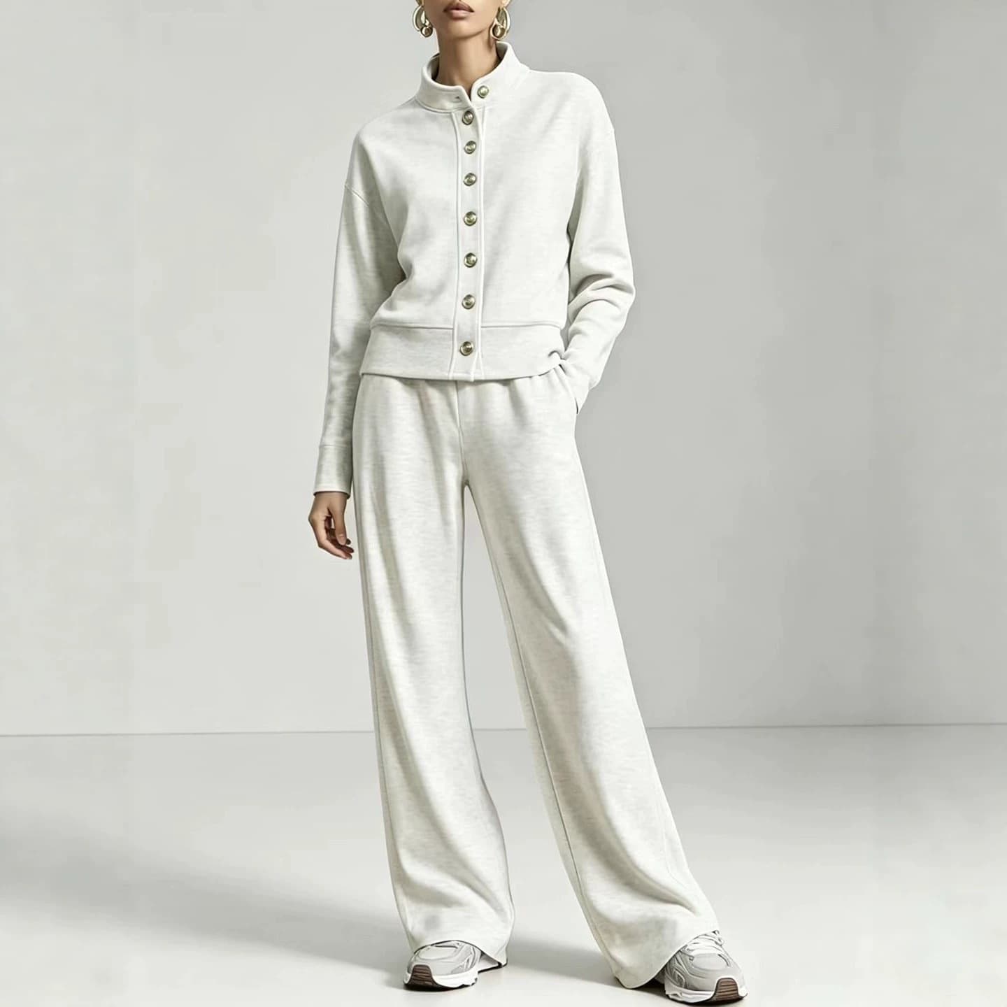 2026 New Cross-border Solid Color Stand-collar Cardigan Hoodie Wide-leg Pants Set High-waist Casual Wide-leg Pants Autumn Set