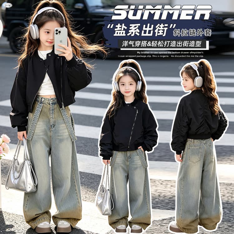 Girls' Spring and Autumn Diagonal Zipper Baseball Jacket 2026 New Korean Style Children's Motorcycle Jacket for Big Children, Loose and Fashionable