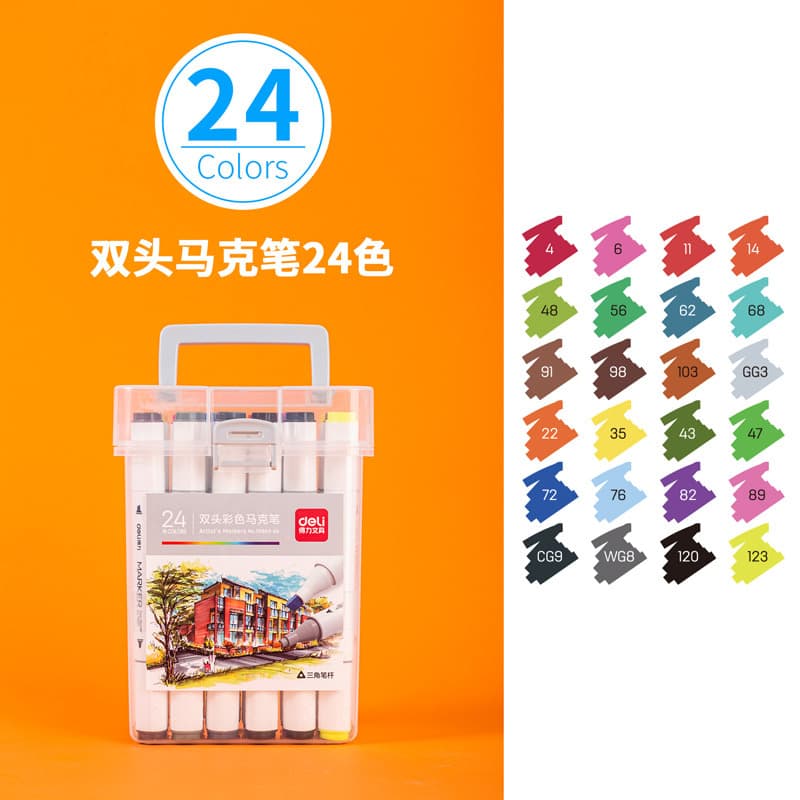 Deli 70803-24 Color Alcohol-Based Triangular Barrel Markers (Assorted) (24 Colors/Bucket)