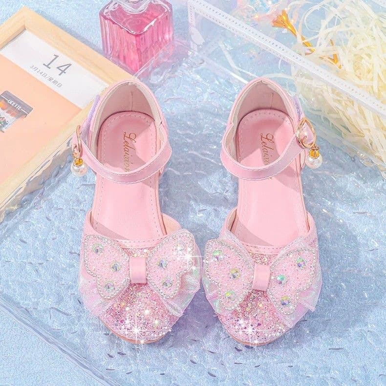 Girls' Summer New Crystal Shoes, Performance Leather Ankle Strap Sandals, High Heel Butterfly Kids