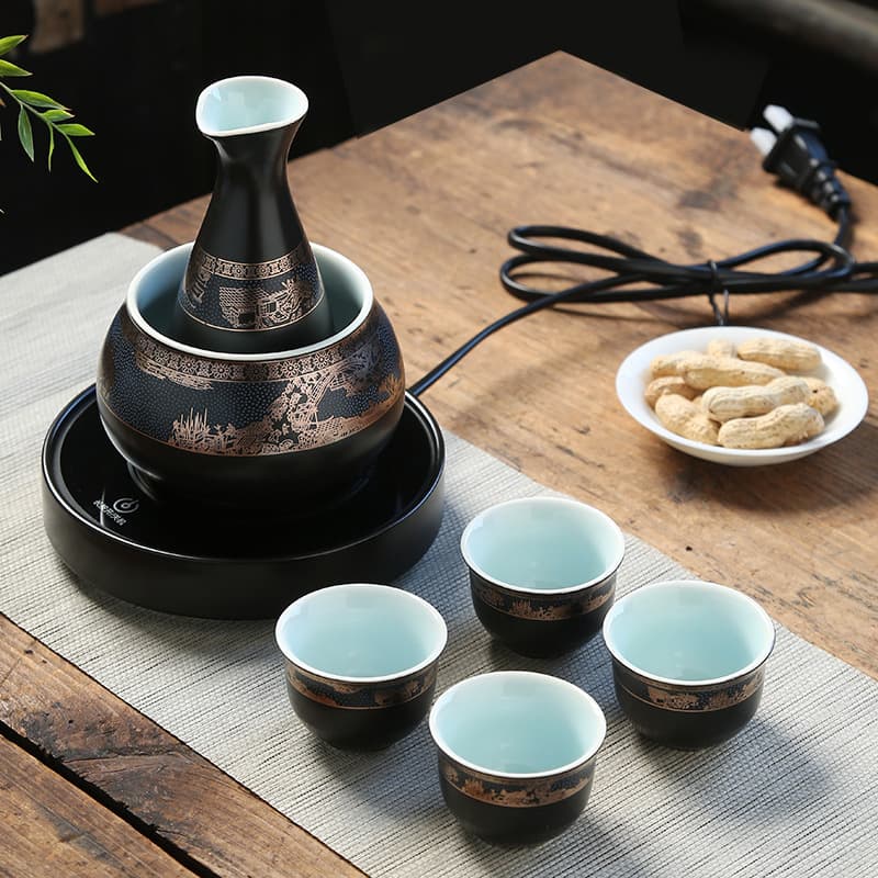 Ceramic Wine Heating Set with Electric Stove and Constant Temperature Pad, Wholesale Yellow Rice Wine Decanter, Dropshipping Supported