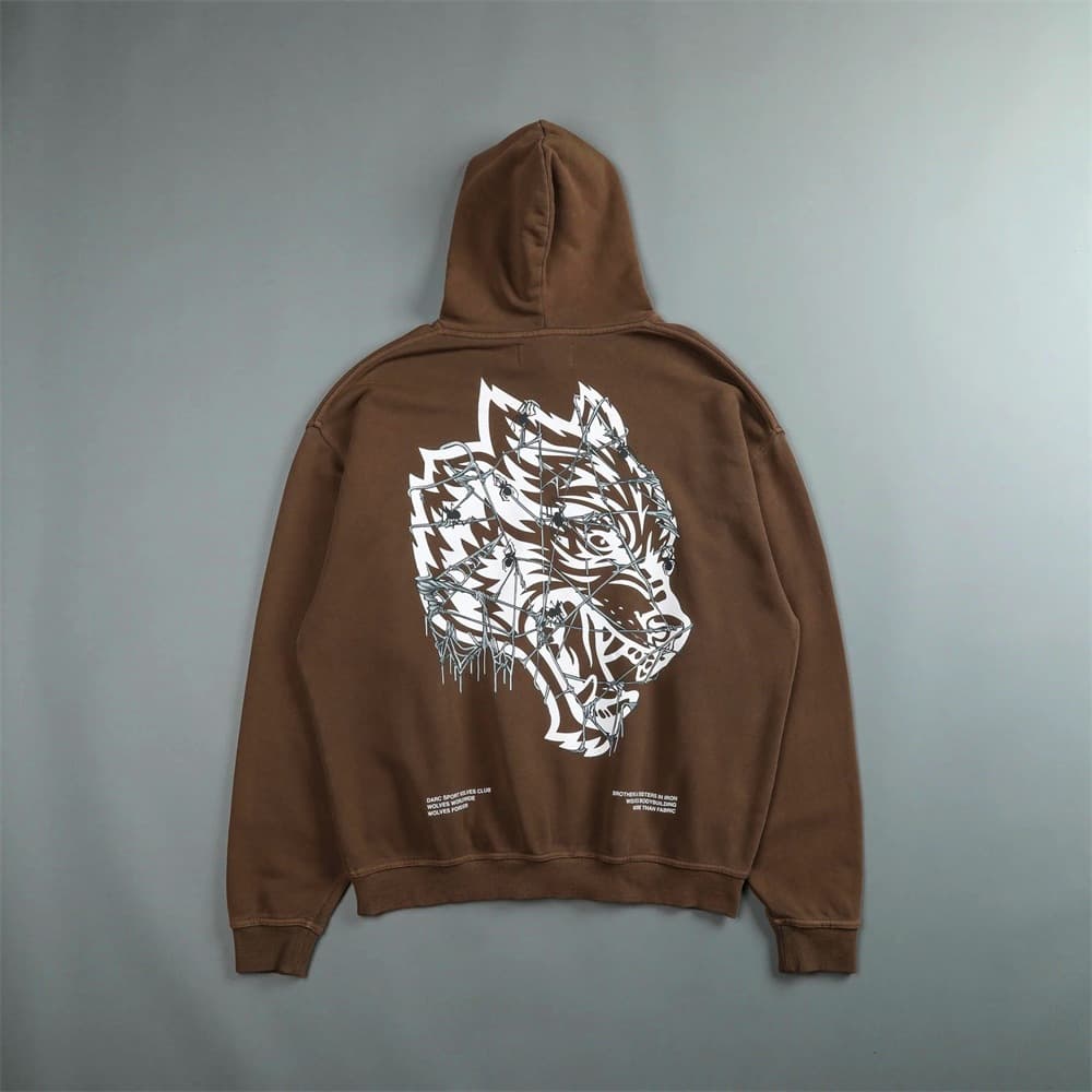 American High Street Brown Hoodie DARC SPORT Style Thorn Wolf Head Print Pullover