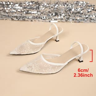 Large Size French Embroidery Mesh Pointed Toe High Heel Sandals for Women 2026 New Spring Breathable Closed Toe Open Back Shoes