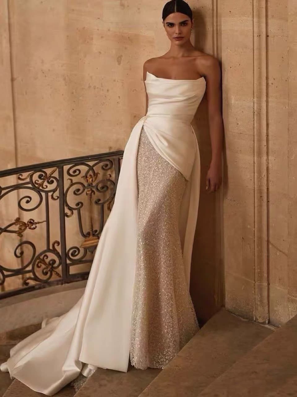 Wedding Dress Strapless Two-Way Fitted Mermaid Beaded Lace Wedding Dress Two-Piece Set Detachable Small Train